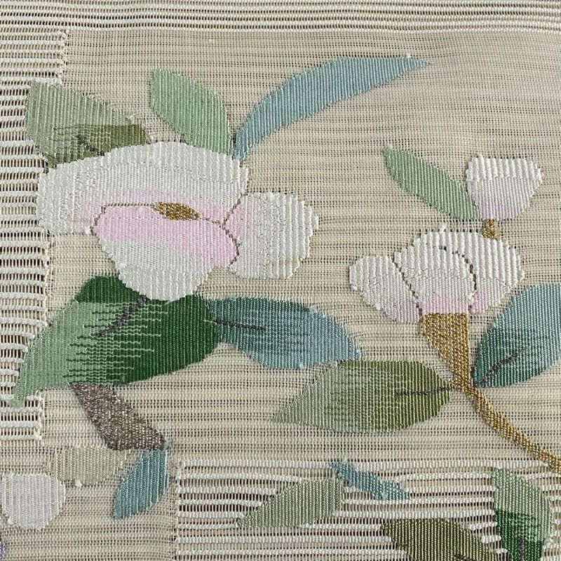 名古屋帯 秀品 夏帯 絽 枝花 流水 箔 銀糸 ベージュ 正絹|中古 名古屋帯 秀品 夏帯 絽 枝花 流水 箔 銀糸 ベージュ 正絹|中古