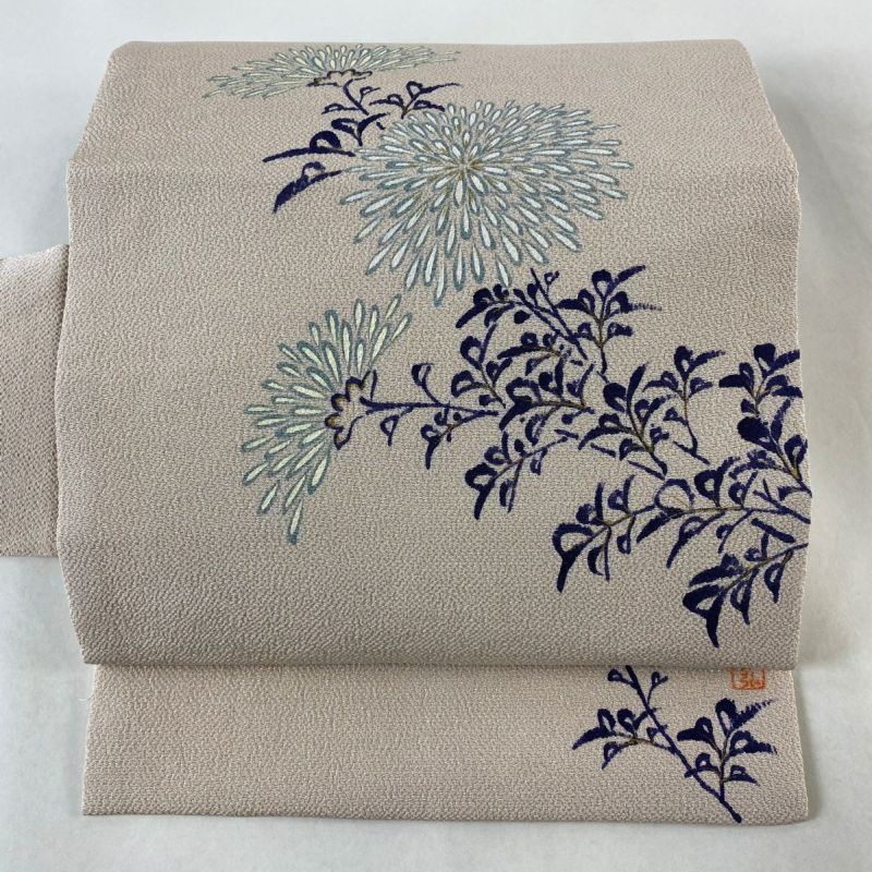 大人気定番商品 名古屋帯 逸品 人間国宝 森口華弘 落款あり 菊 竹 金彩 縮緬 薄 着物・浴衣