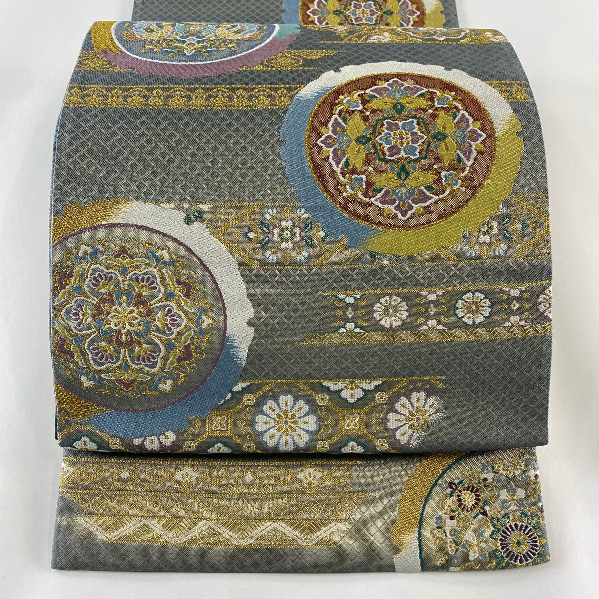 袋帯 秀品 華文 花鳥 金糸 刺繍 黒灰 六通 正絹｜中古・古着