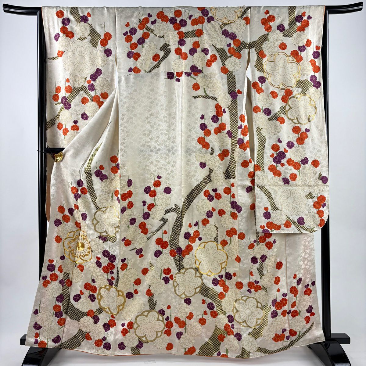振袖 身丈164cm 裄丈64cm M 袷 枝梅 地紋 金糸 金彩 クリーム 正絹 秀