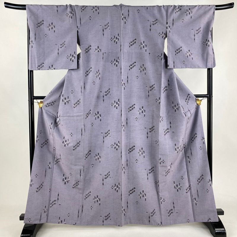 紬 身丈154cm 裄丈64cm M 袷 よろけ縞 幾何学 灰白 正絹 名品