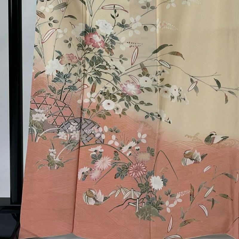 訪問着 身丈166cm 裄丈66cm M 袷 枝花 鴛鴦 金彩 染め分け 薄