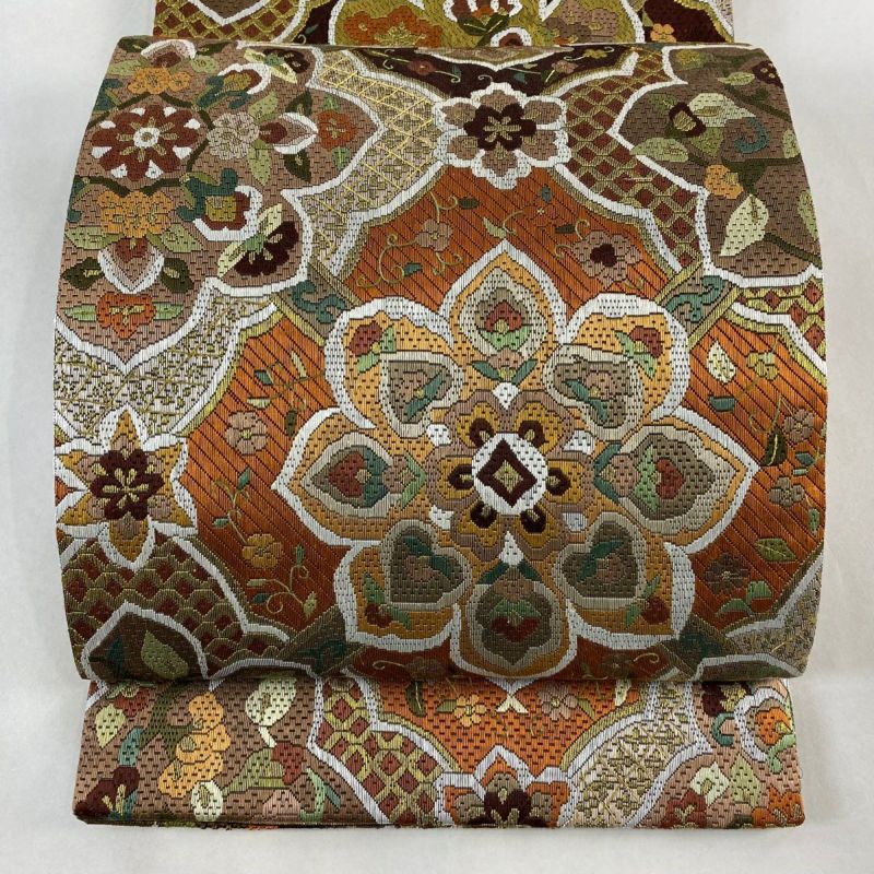 袋帯 逸品 華文 花鳥 絽刺し 金糸 茶色 全通 正絹|中古・古着 袋帯 逸品 華文 花鳥 絽刺し 金糸 茶色 全通 正絹|中古・古着