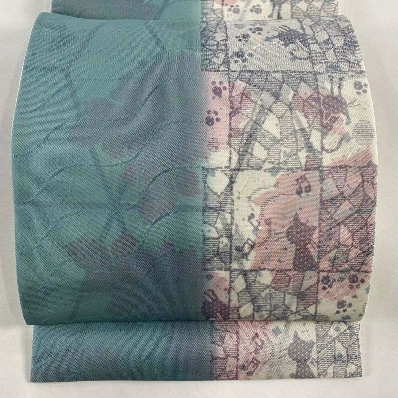 袋帯 美品 逸品 想屋 猫 花 ぼかし 青緑 全通 正絹｜中古・古着