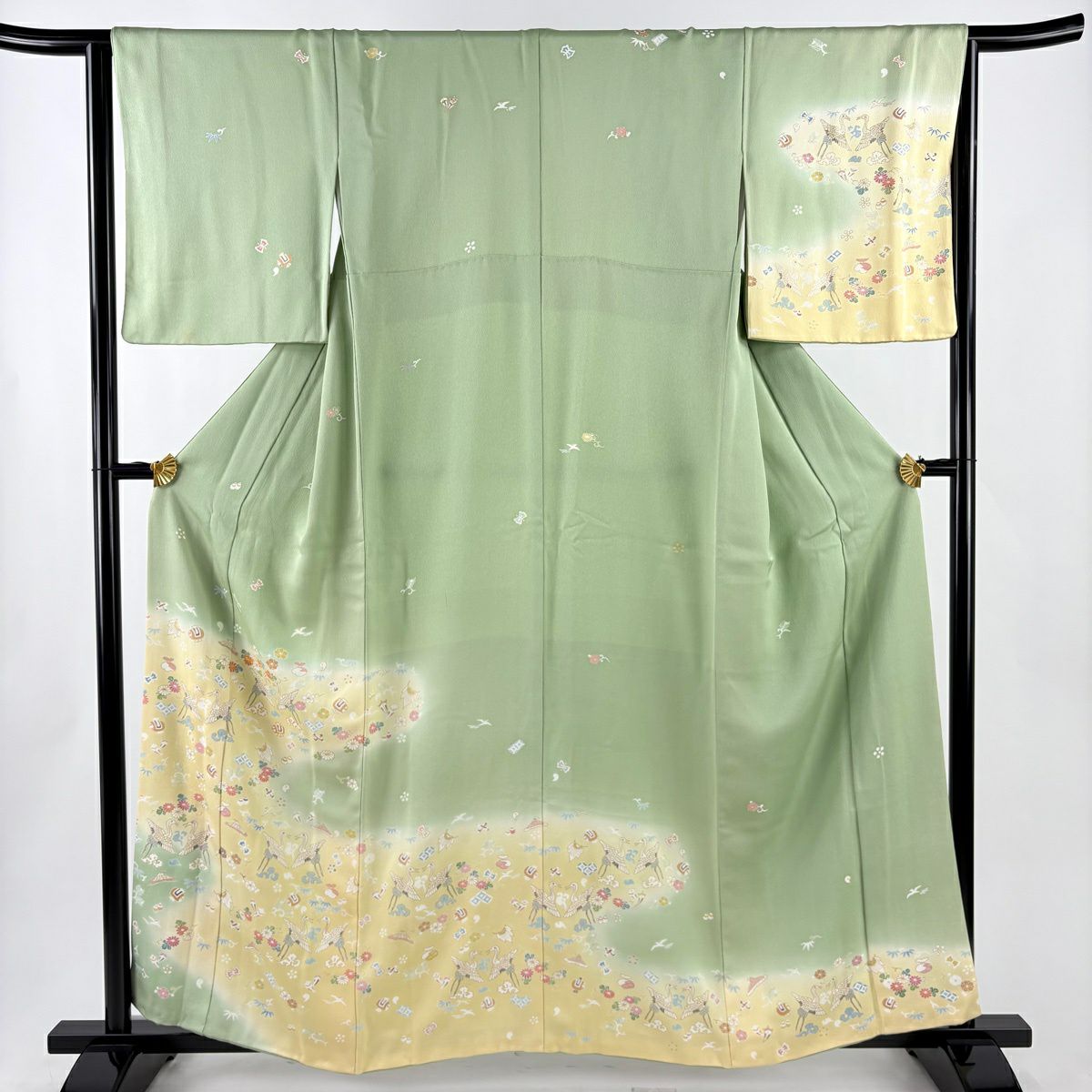 訪問着 身丈159cm 裄丈65cm M 袷 鶴 宝尽くし 金糸 金彩 薄緑 正絹 秀