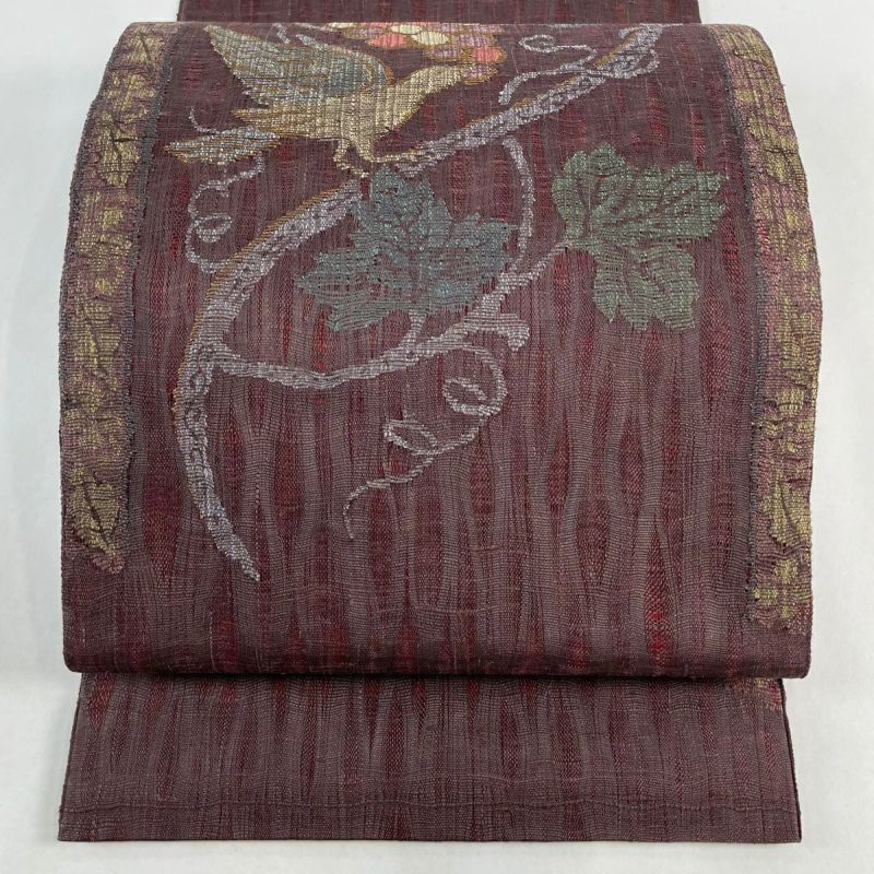 好評 金糸 鳥 葡萄 名品 美品 袋帯 赤紫 正絹｜中古・古着 お太鼓柄 着物・浴衣