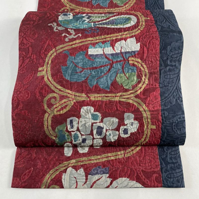 袋名古屋帯 美品 名品 証紙あり 鳥 葡萄唐草 えんじ色 正絹 袋名古屋帯 美品 名品 証紙あり 鳥 葡萄唐草 えんじ色 正絹