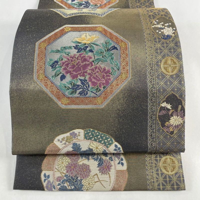 種類豊富な品揃え じゅらく 名品 美品 袋帯 落款あり 金色 箔 金銀糸 扇面 絵皿文 着物・浴衣