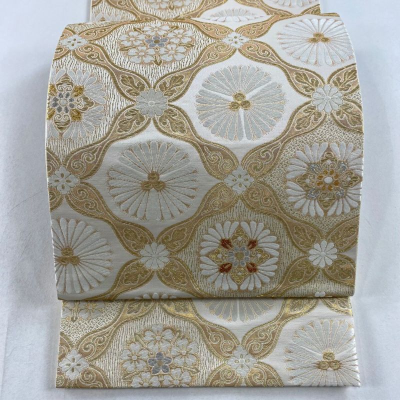 袋帯 美品 名品 唐松 桜 金糸 箔 クリーム 六通 正絹｜中古