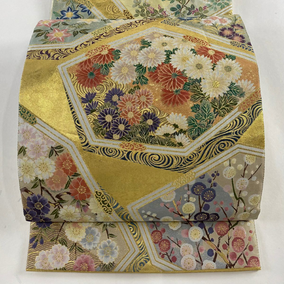 半幅帯 美品 名品 となみ織物 落款 花唐草 丁子 灰紫 正絹|中古