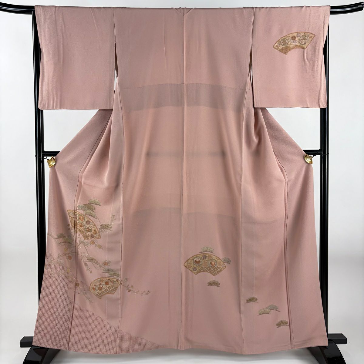 付下げ 身丈168cm 裄丈69cm L 袷 扇面 桜 ぼかし 金彩 ピンク 正絹 秀