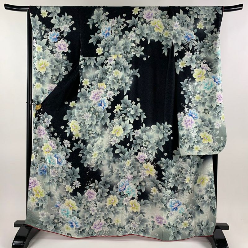 振袖 身丈162.5cm 裄丈69.5cm L 袷 みちびき 草花 蝶 銀通し 刺繍