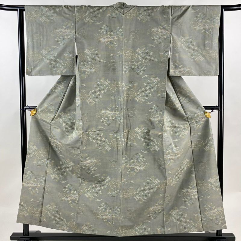 紬 身丈154.5cm 裄丈63.5cm S 袷 建物 舟 灰緑 正絹 美品 秀品 紬 身丈154.5cm 裄丈63.5cm S 袷 建物 舟 灰緑 正絹 美品 秀品