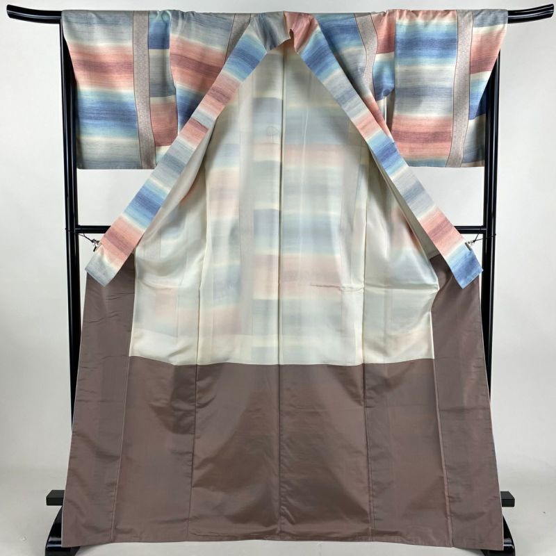 紬 身丈172cm 裄丈68cm L 袷 段縞 草花 青灰色 正絹 秀品|中古 紬 身丈172cm 裄丈68cm L 袷 段縞 草花 青灰色 正絹 秀品|中古