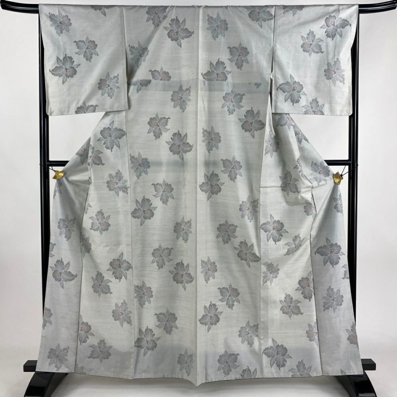 本物の 紬 身丈163cm 裄丈66.5cm M 袷 カトレア 灰色 正絹 秀品｜中古 着物・浴衣