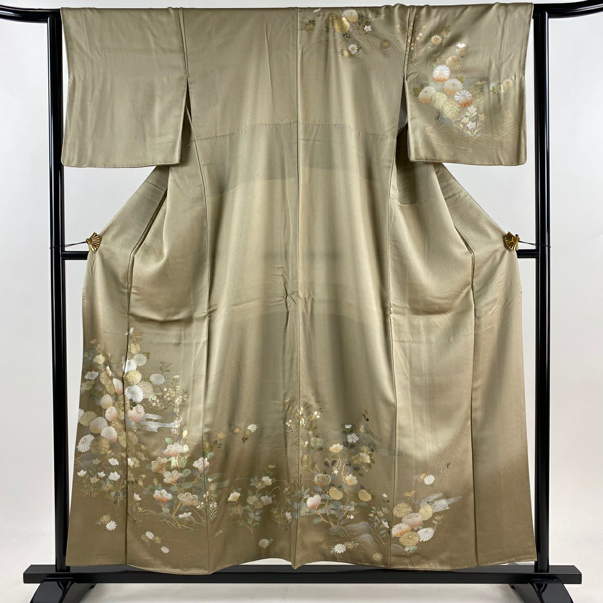 訪問着 身丈167cm 裄丈69.5cm L 袷 草花 ヱ霞 金銀彩 青緑 正絹 秀品