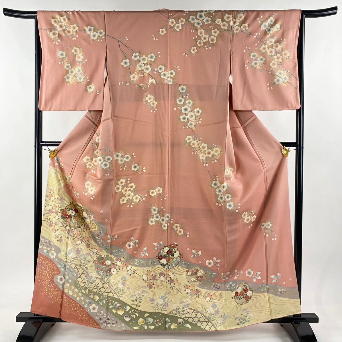 訪問着　螺鈿　銀彩　流水　花模様　着物　023w 50％OFF 訪問着 身丈161cm 裄丈65cm M 袷 枝花 流水 螺鈿 金銀彩