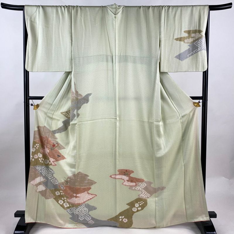 訪問着 身丈167cm 裄丈70cm L 袷 松皮菱 草花 刺繍 絞り 薄緑 訪問着 身丈167cm 裄丈70cm L 袷 松皮菱 草花 刺繍 絞り 薄緑