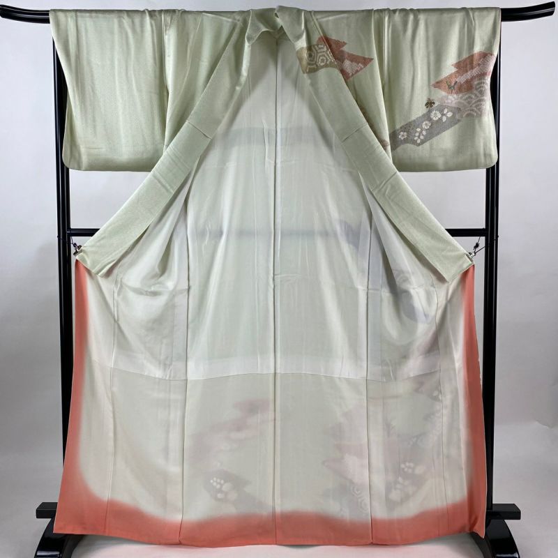訪問着 身丈167cm 裄丈70cm L 袷 松皮菱 草花 刺繍 絞り 薄緑 訪問着 身丈167cm 裄丈70cm L 袷 松皮菱 草花 刺繍 絞り 薄緑