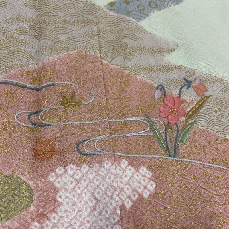 訪問着 身丈167cm 裄丈70cm L 袷 松皮菱 草花 刺繍 絞り 薄緑 訪問着 身丈167cm 裄丈70cm L 袷 松皮菱 草花 刺繍 絞り 薄緑