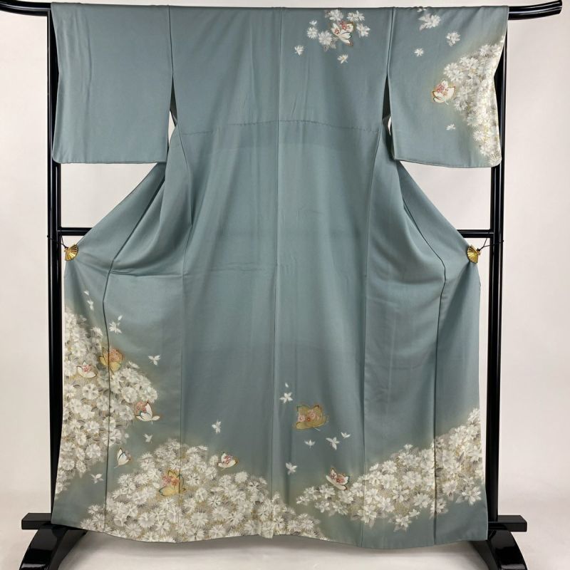 銀座【B-3836】訪問着 緑色系 四季花文（落款入）:身丈155/裄65