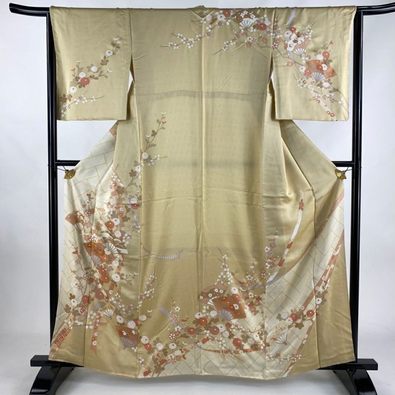 2024新商品 裄丈63cm 身丈161cm 訪問着 S ベージュ 金彩 金糸 草花 扇 袷 着物・浴衣