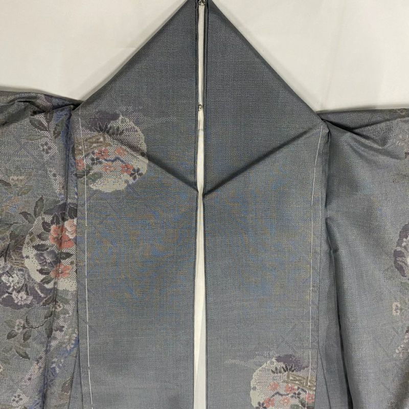 紬 身丈163cm 裄丈66cm M 袷 雪輪 草花 青灰色 正絹 名品|中古 紬 身丈163cm 裄丈66cm M 袷 雪輪 草花 青灰色 正絹 名品|中古