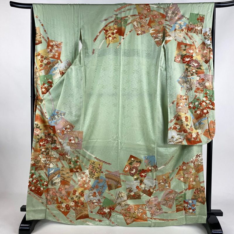 振袖 身丈168cm 裄丈65.5cm M 袷 色紙 花鳥 金糸 金彩 薄緑 正絹 振袖 身丈168cm 裄丈65.5cm M 袷 色紙 花鳥 金糸 金彩 薄緑 正絹