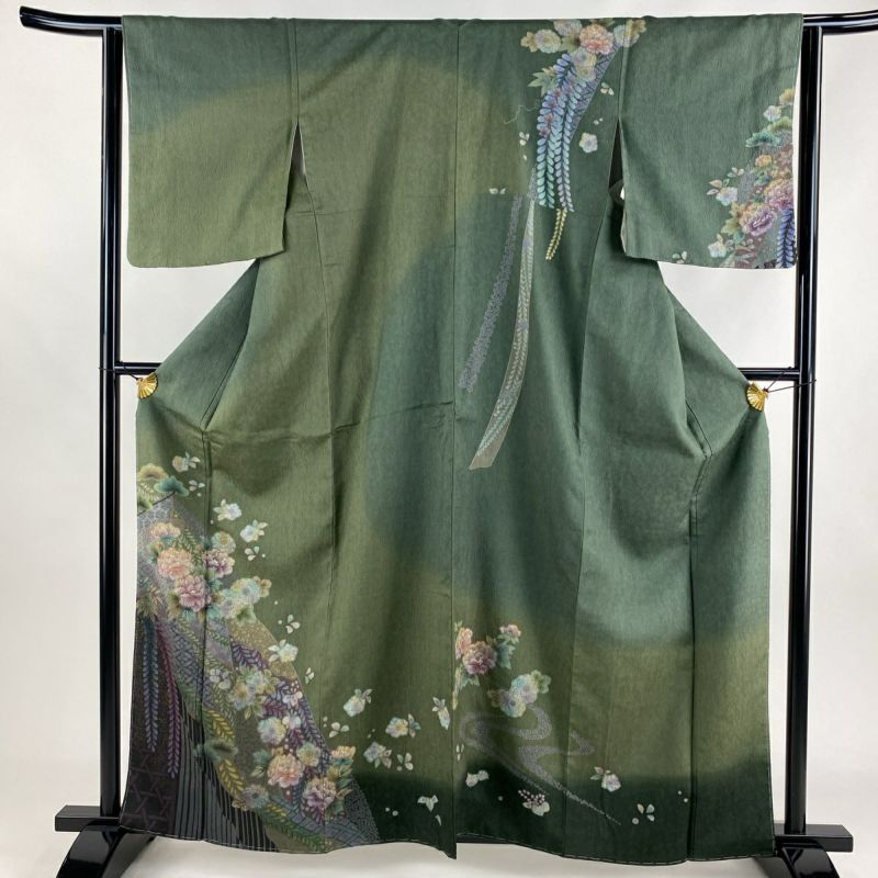 訪問着 身丈160cm 裄丈63.5cm S 袷 草花 流水 金彩 ぼかし 灰緑