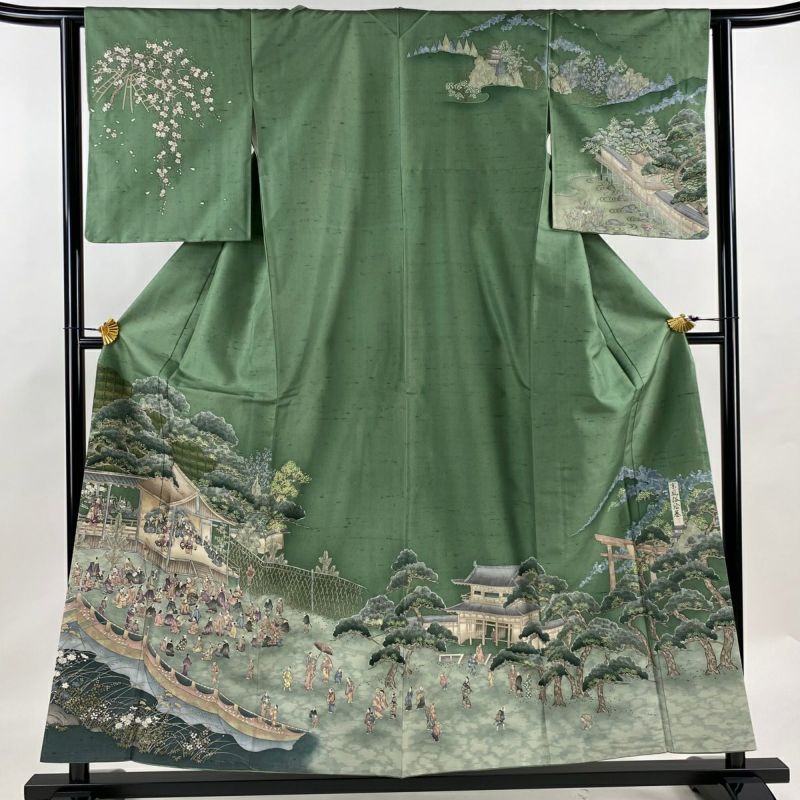 （訳ありセール 格安） 身丈156cm 訪問着 裄丈62.5cm 緑 ぼかし 京風俗絵巻 紬地 袷 S 着物・浴衣