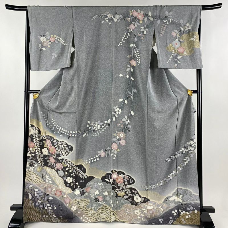 訪問着 身丈168cm 裄丈67cm M 袷 草花 雲文 金彩 ぼかし 灰色 正絹 名品|中古・古着・リサイクル着物通販|バイセル オンライン