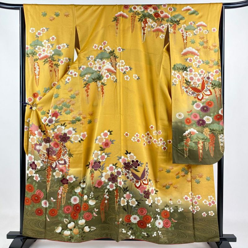 振袖 身丈160cm 裄丈65cm M 袷 鈴乃屋 蝶 桜 金糸 金彩 山吹色 正絹 美品 名品|中古・古着・リサイクル着物通販|バイセル オンライン