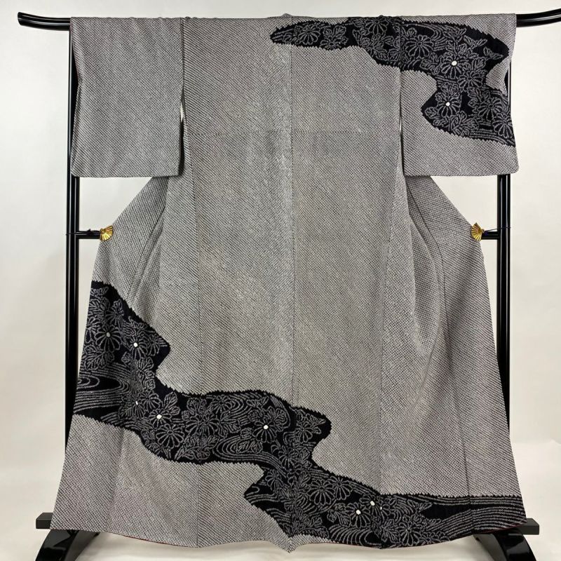 訪問着 身丈160.5cm 裄丈69cm L 袷 菊 流水 絞り 黒灰 正絹 美品 訪問着 身丈160.5cm 裄丈69cm L 袷 菊 流水 絞り 黒灰 正絹 美品