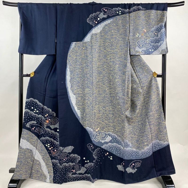 訪問着 身丈163.5cm 裄丈69.5cm L 袷 扇面 椿 刺繍 絞り 紺色 訪問着 身丈163.5cm 裄丈69.5cm L 袷 扇面 椿 刺繍 絞り 紺色