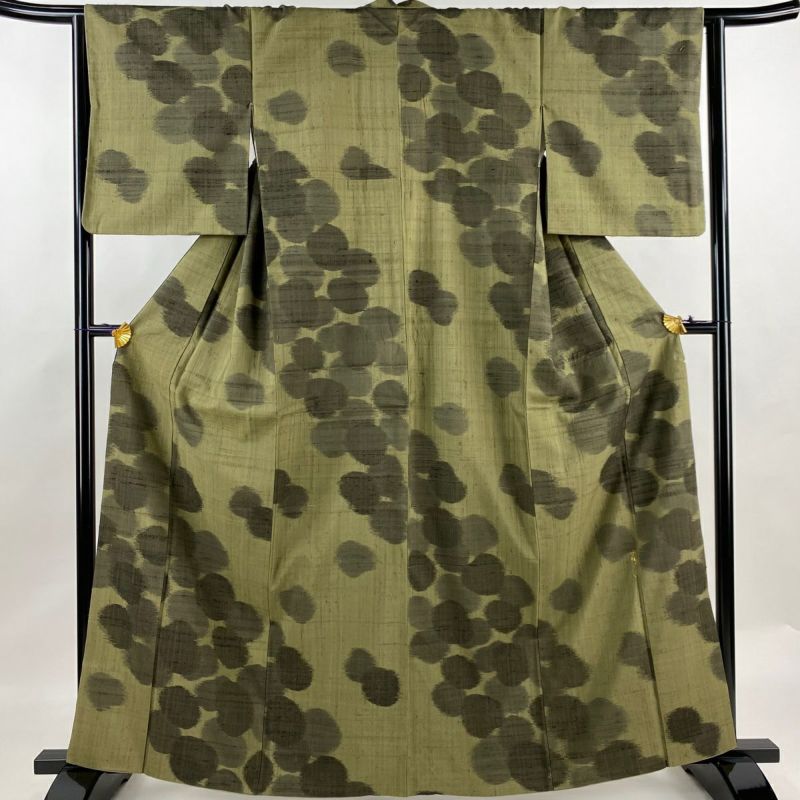 紬 身丈162.5cm 裄丈64cm M 袷 幾何学模様 茶緑色 正絹 美品 秀 紬 身丈162.5cm 裄丈64cm M 袷 幾何学模様 茶緑色 正絹 美品 秀