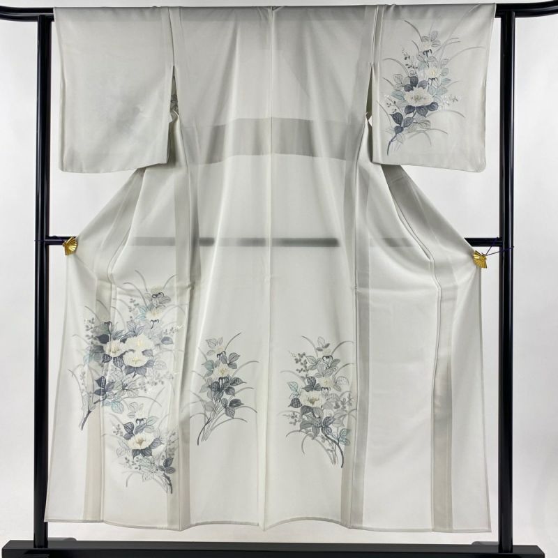 付下げ 身丈152cm 裄丈61.5cm S 薄物 絽 草花 刺繍 灰色 正絹 付下げ 身丈152cm 裄丈61.5cm S 薄物 絽 草花 刺繍 灰色 正絹
