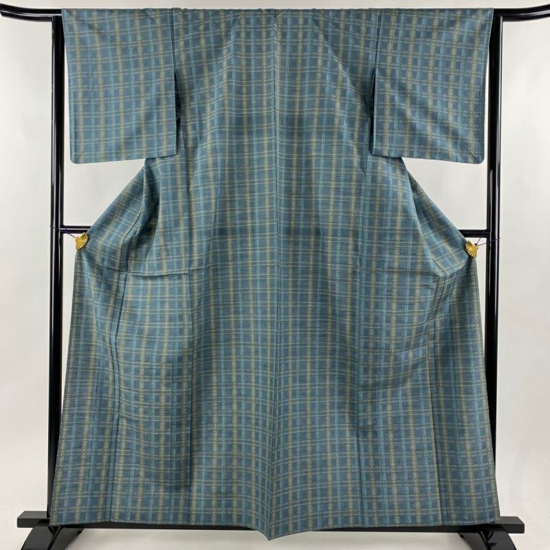 紬 身丈160.5cm 裄丈64cm M 単衣 花絣 落款あり 証紙あり 格子 紬 身丈160.5cm 裄丈64cm M 単衣 花絣 落款あり 証紙あり 格子