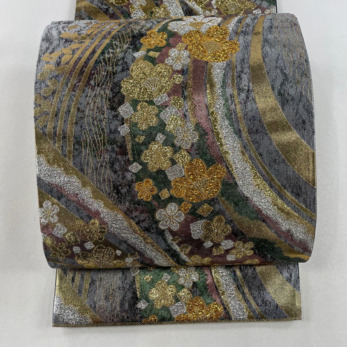 袋帯 美品 秀品 冊子文 鴛鴦 金糸 箔 銀色 六通 正絹|中古・古着