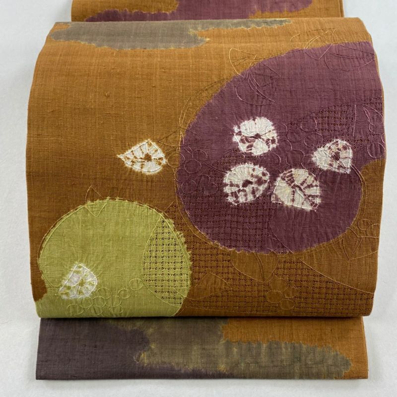 【超特価sale開催】  開き名古屋帯 正絹｜中古 茶色 絞り 刺繍 霞 葉柄 紬地 秀品 着物・浴衣
