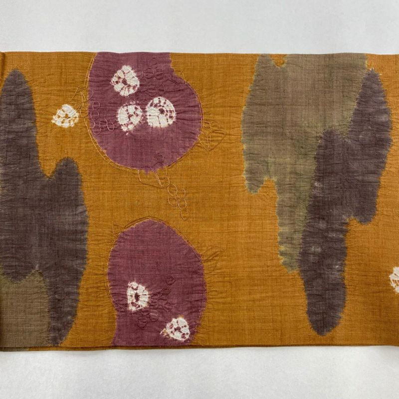開き名古屋帯 秀品 紬地 葉柄 霞 刺繍 絞り 茶色 正絹|中古 開き名古屋帯 秀品 紬地 葉柄 霞 刺繍 絞り 茶色 正絹|中古