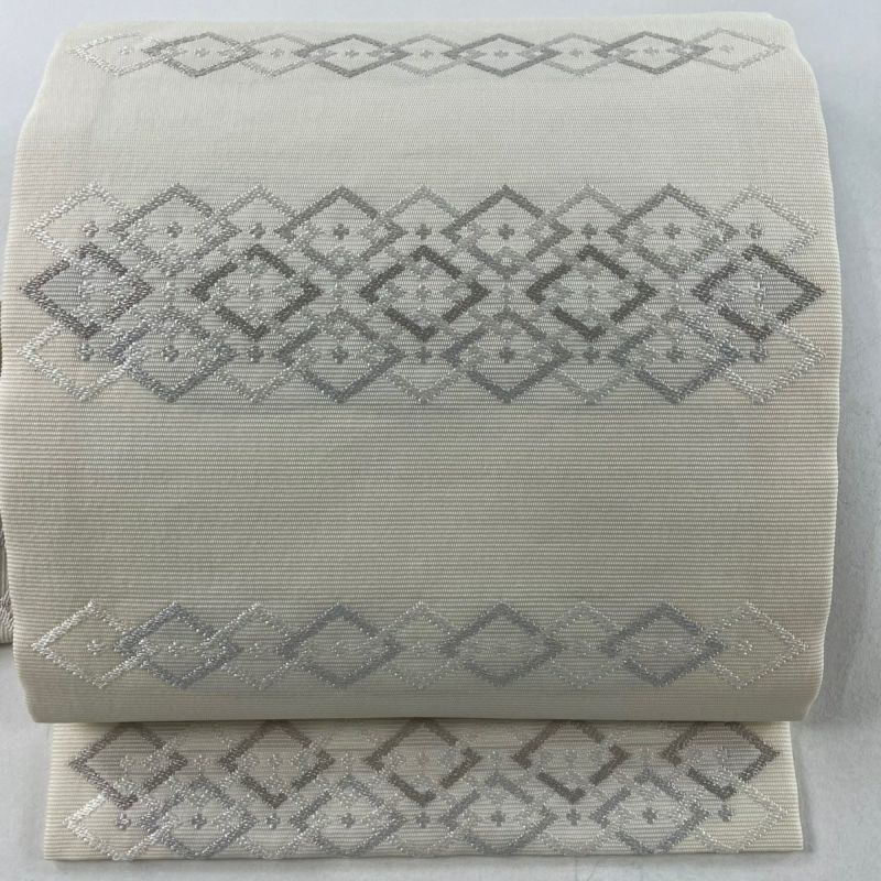 名古屋帯 美品 秀品 夏帯 菱 銀糸 白 正絹|中古・古着 名古屋帯 美品 秀品 夏帯 菱 銀糸 白 正絹|中古・古着