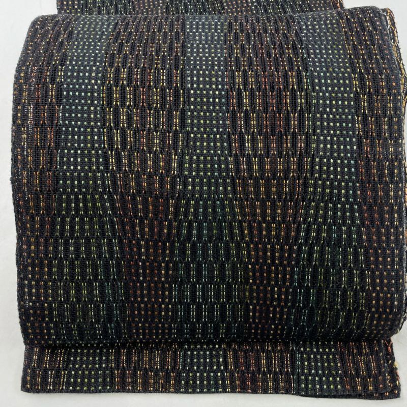 名古屋帯 美品 秀品 八寸名古屋帯 夏帯 幾何学模様 黒 正絹 名古屋帯 美品 秀品 八寸名古屋帯 夏帯 幾何学模様 黒 正絹