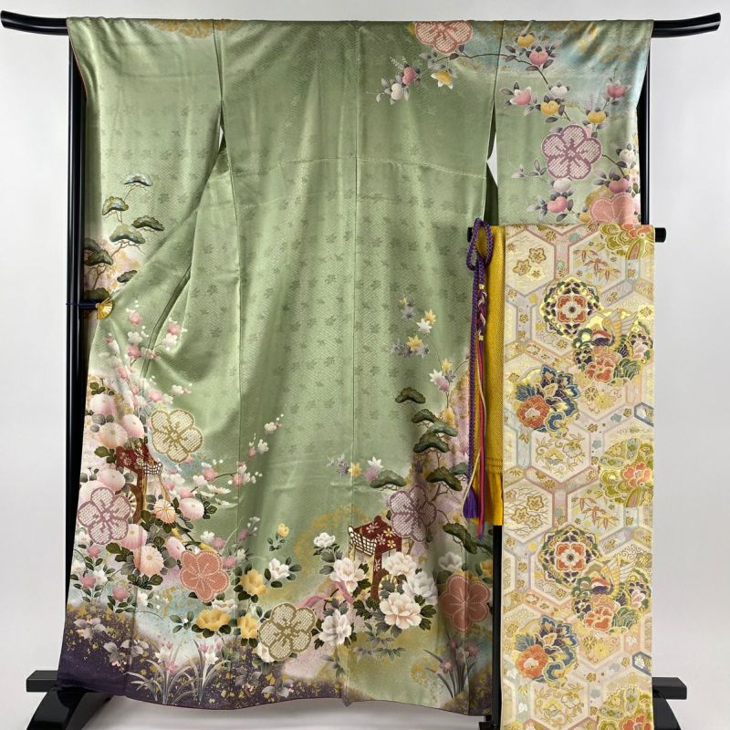 色留袖 身丈161.5cm 裄丈66cm M 袷 花車 人物 金糸 刺繍 薄ピンク