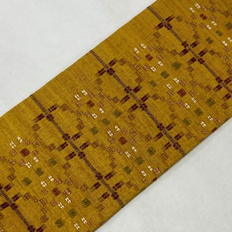 名古屋帯 美品 逸品 紬地 縞 幾何学模様 黄土色 正絹|中古 名古屋帯 美品 逸品 紬地 縞 幾何学模様 黄土色 正絹|中古