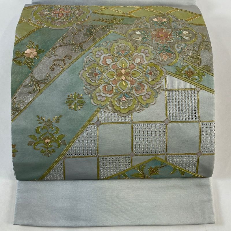 袋帯 逸品 華文 草花 金糸 刺繍 青灰色 お太鼓柄 正絹|中古 袋帯 逸品 華文 草花 金糸 刺繍 青灰色 お太鼓柄 正絹|中古
