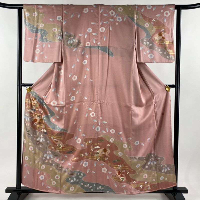 訪問着 身丈159.5cm 裄丈62cm S 袷 落款あり 扇 草花 金糸 金彩 訪問着 身丈159.5cm 裄丈62cm S 袷 落款あり 扇 草花 金糸 金彩