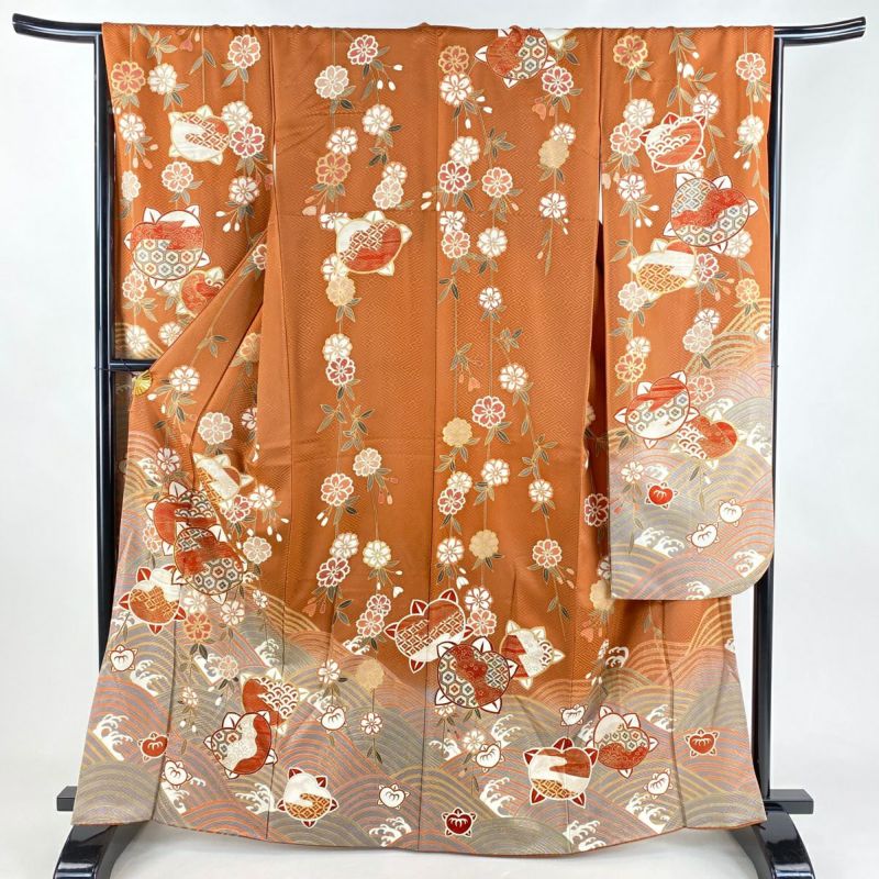 振袖 身丈164cm 裄丈66cm M 袷 橘花 桜 金糸 金彩 オレンジ 正絹 振袖 身丈164cm 裄丈66cm M 袷 橘花 桜 金糸 金彩 オレンジ 正絹