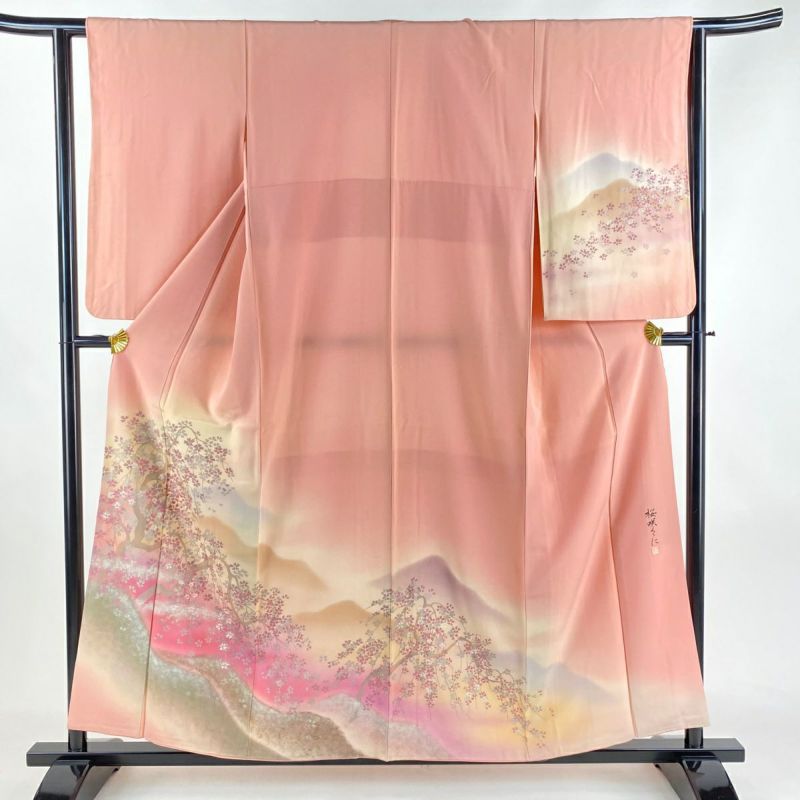 訪問着 身丈155cm 裄丈61.5cm S 袷 竹久夢二 落款あり 枝垂れ桜 訪問着 身丈155cm 裄丈61.5cm S 袷 竹久夢二 落款あり 枝垂れ桜