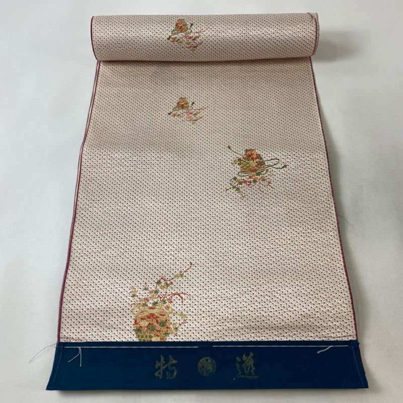 反物 秀品 小紋 草花 器物 クリーム 正絹|中古・古着 反物 秀品 小紋 草花 器物 クリーム 正絹|中古・古着