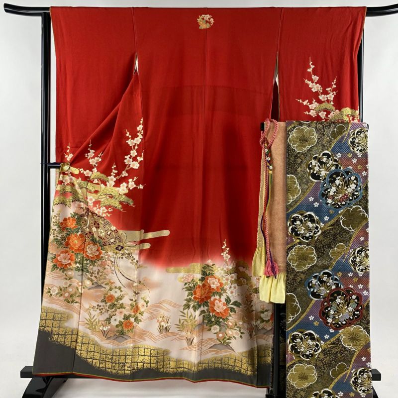 ワンピなど最旬ア！ L 裄丈68cm 身丈159.5cm 振袖 袷 ふき綿仕立て 袋帯フルセット 着物・浴衣